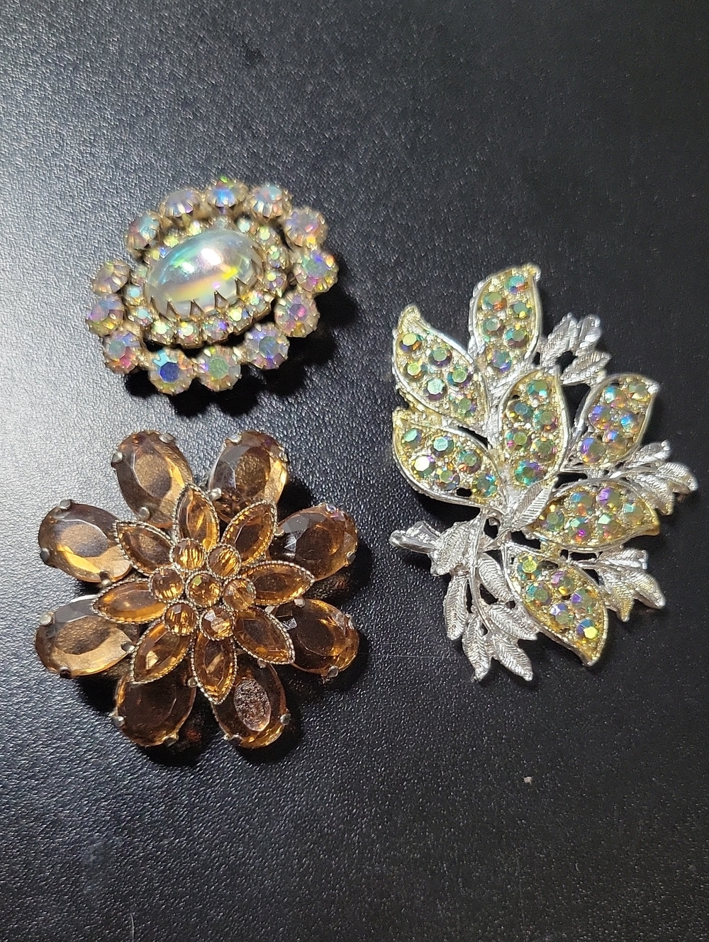 Vintage-Inspired Aurora Borealis & Amber Floral Brooch Set - Unbranded